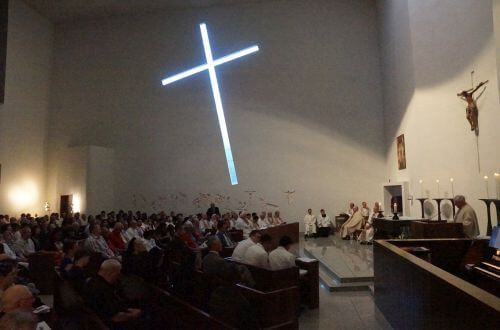 Inside the Chapel of St. Basil on the campus of the University of St. Thomas in Houston, Texas