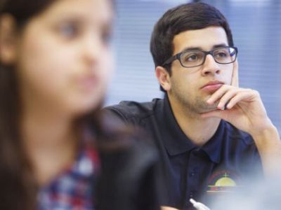 Student in classroom at University of St. Thomas in Houston, Texas