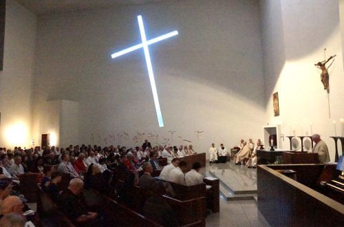 Mass inside Chapel of St. Basil on the campus of the University of St. Thomas in Houston, Texas