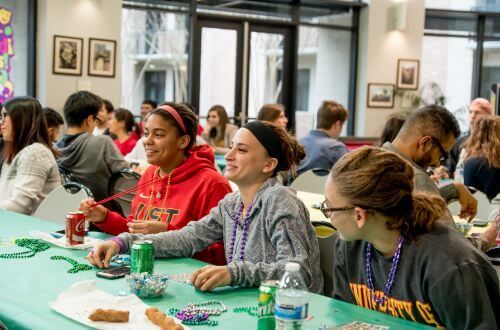 Mardi Gras bingo inside Guinan Hall dorm at University of St. Thomas in Houston, Texas