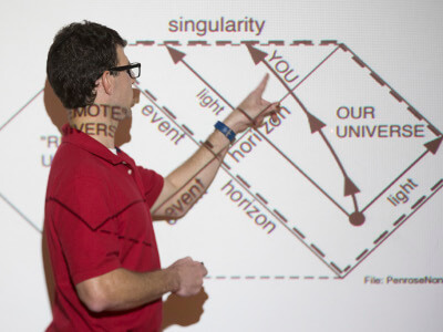 University of St. Thomas - Houston Physics student describes physics principle at white board in front of projector