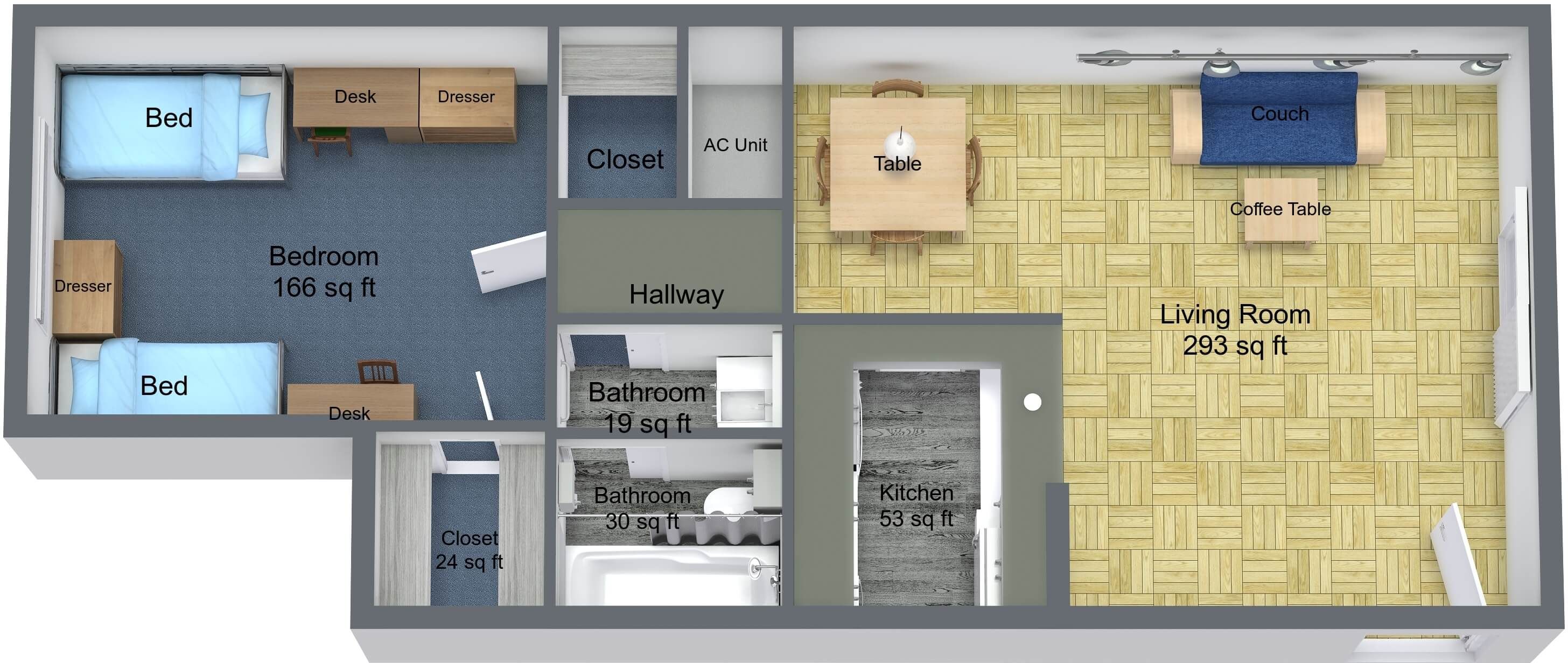 1 BR floor plan rendering for Young Hall dorm on campus of University of St. Thomas in Houston, Texas