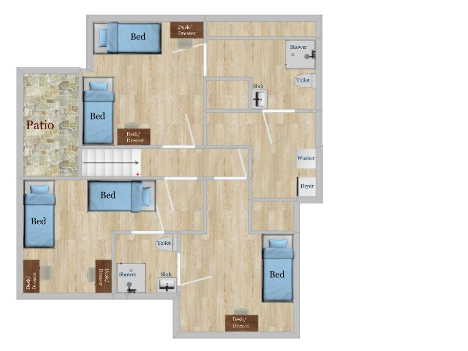 Sample upstairs floor level rendering of townhomes on campus of University of St. Thomas in Houston, Texas