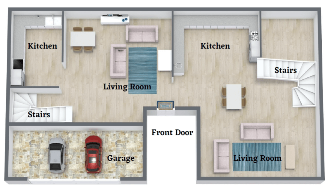 Sample ground floor level rendering of townhomes on campus of University of St. Thomas in Houston, Texas