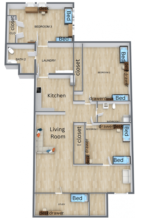 Sample floor level rendering of townhomes on campus of University of St. Thomas in Houston, Texas