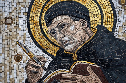 St. Thomas Aquinas writing text mosaic
