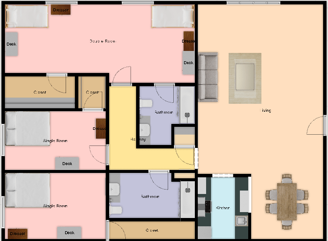 3 BR floor plan rendering for Young Hall dorm on campus of University of St. Thomas in Houston, Texas
