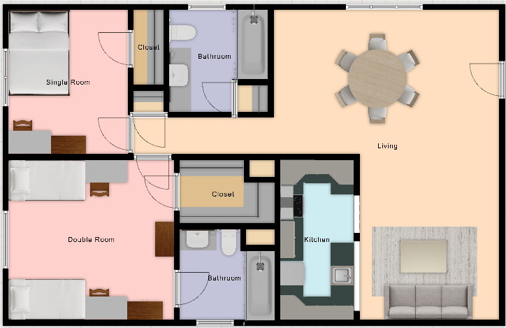 2 BR floor plan rendering for Young Hall dorm on campus of University of St. Thomas in Houston, Texas